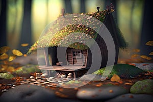 Fantasy home of tiny wood dweller, macro view of fairy tale hut, generative AI