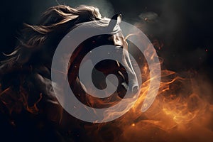 Fantasy horse portrait with fire and smoke. Neural network AI generated