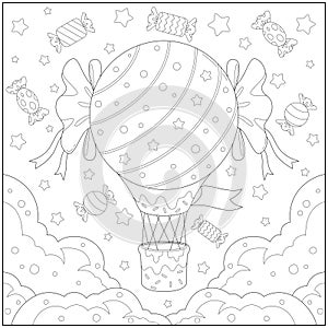 Fantasy hot air balloon candy floating in the cloudy sky with the star. Learning and education coloring page illustration