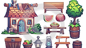 A fantasy house of dwarfs or hobbits isolated on a hillock, with cottage, lantern, trolley, wooden box with apples photo