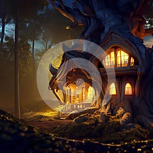 Fantasy house in forest, fairytale home in tree trunk at night, Surreal mystical fantasy artwork. Generative AI