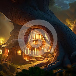 Fantasy house in forest, fairytale home in tree trunk at night, Surreal mystical fantasy artwork. Generative AI