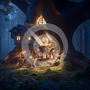 Fantasy house in forest, fairytale home in tree trunk at night, Surreal mystical fantasy artwork. Generative AI