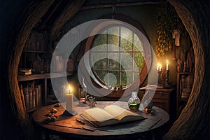 Fantasy house interior, book and candles on table in hobbit home, generative AI photo