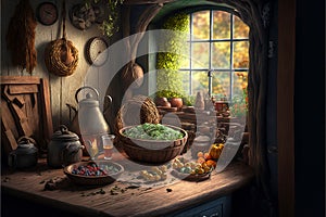 Fantasy house interior, food on table in kitchen at hobbit home, generative AI photo