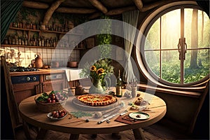 Fantasy house interior, food on table in kitchen at hobbit home, generative AI photo