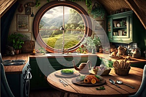 Fantasy house interior, food on table in kitchen at hobbit home, generative AI photo