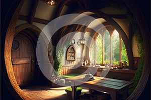 Fantasy house interior in forest, lamps and furniture inside of fairy hut, generative AI