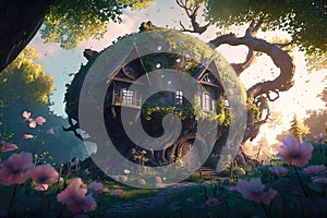 Fantasy house in magic forest, fairytale habitation in tree trunk, generative AI