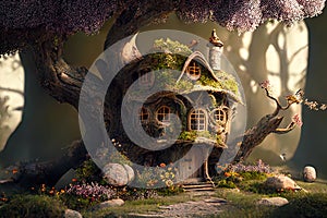 Fantasy house in magic forest, fairytale habitation in tree trunk, generative AI