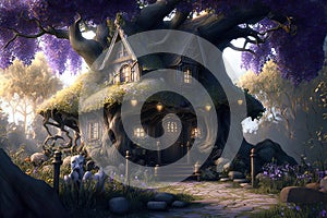 Fantasy house in magic forest, fairytale habitation in tree trunk, generative AI