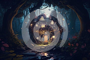 Fantasy house in magic forest at night, fairytale habitation in trees, generative AI
