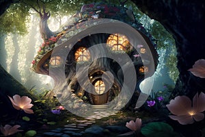 Fantasy house in misty forest, fairy tale hut in tree trunk, illustration, generative AI