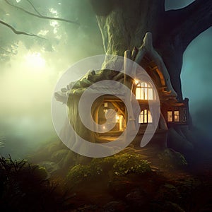 Fantasy house in misty forest, fairy tale hut in tree trunk, Surreal mystical fantasy artwork. Generative AI