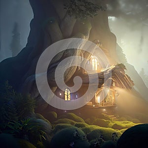 Fantasy house in misty forest, fairy tale hut in tree trunk, Surreal mystical fantasy artwork. Generative AI