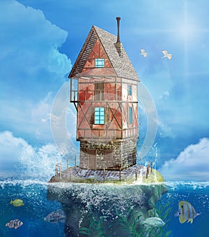 Fantasy house in a sea scenery with flying seagulls