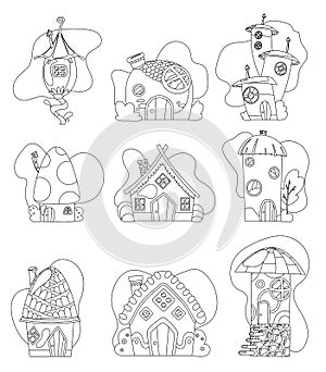 Fantasy house set vector cartoon fairy treehouse and housing village coloring illustration set of kids fairytale