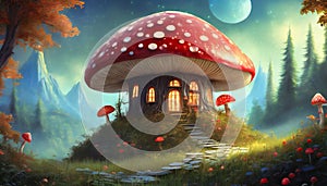 fantasy house in the shape of a red toadstool