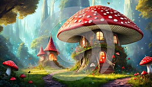 fantasy house in the shape of a red toadstool