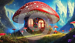 fantasy house in the shape of a red toadstool