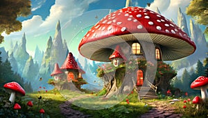 fantasy house in the shape of a red toadstool