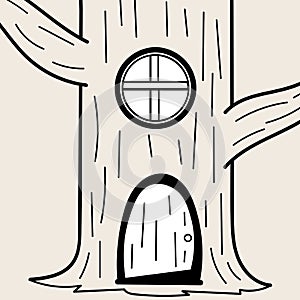 Fantasy house in the tree with door and window. Tiny house.