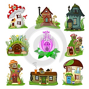 Fantasy house vector cartoon fairy treehouse and magic housing village illustration set of kids fairytale playhouse for