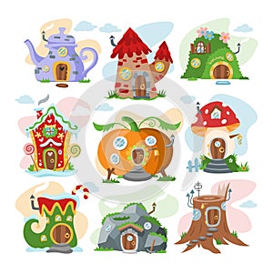 Fantasy house vector cartoon fairy treehouse and magic housing village illustration set of kids fairytale pumpkin or