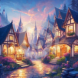 The fantasy houses in the fairies village with magical and mysthical, beautiful scene, wallpaper, printable