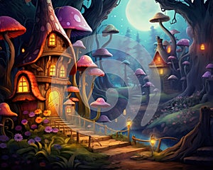 Fantasy houses are in the magic forest at night.