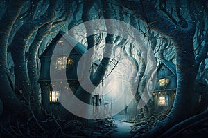 Fantasy houses in magic forest at night, fairy tale habitation in strange trees, generative AI