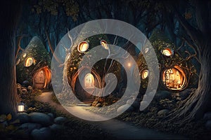 Fantasy houses in magic forest at night, fairy tale habitation in trees, generative AI