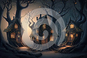 Fantasy houses in magic forest at night, fairy tale habitation in trees trunks, generative AI