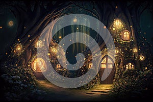 Fantasy houses in magic forest at night, fairy tale habitation in trees trunks, generative AI