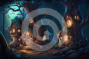 Fantasy houses in magic forest at night, Tree House Dwellings in Enchanted Forest at Night