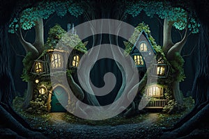 Fantasy houses in magic forest at night, Whimsical Tree Houses in Enchanted Forest at Night