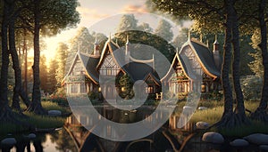 Fantasy houses in magic forest, scenery of fairy tale village. Generative AI