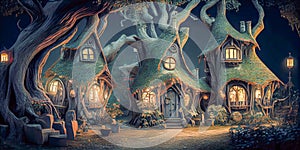 Fantasy houses in the magical forest at night