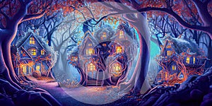 Fantasy houses in the magical forest at night