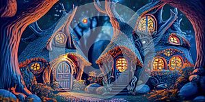 Fantasy houses in the magical forest at night