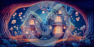 Fantasy houses in the magical forest at night
