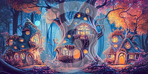 Fantasy houses in the magical forest at night