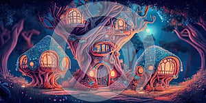 Fantasy houses in the magical forest at night