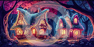 Fantasy houses in the magical forest at night