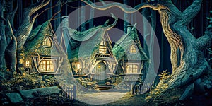 Fantasy houses in the magical forest at night