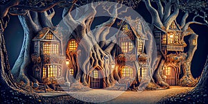 Fantasy houses in the magical forest at night