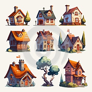 fantasy houses, vector set of illustrations in cartoon style