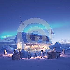 Fantasy Ice Bar in the Arctic with Penguins