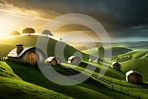 Fantasy igloo shaped houses with vast stretches of green fields.