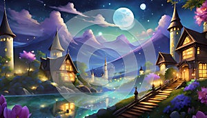 fantasy illustrated landscape with river and houses